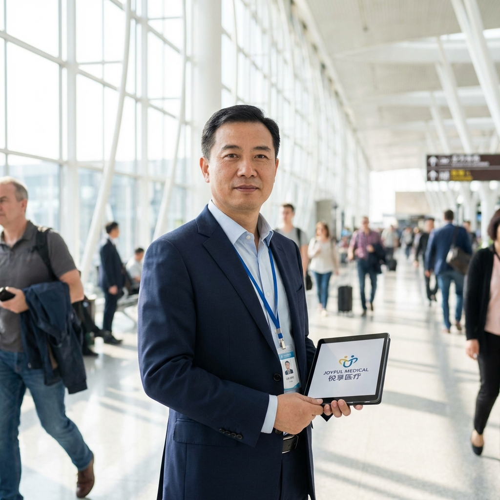 Coordinateur médical Joyful Medical accueillant un patient à l'aéroport de Shanghai