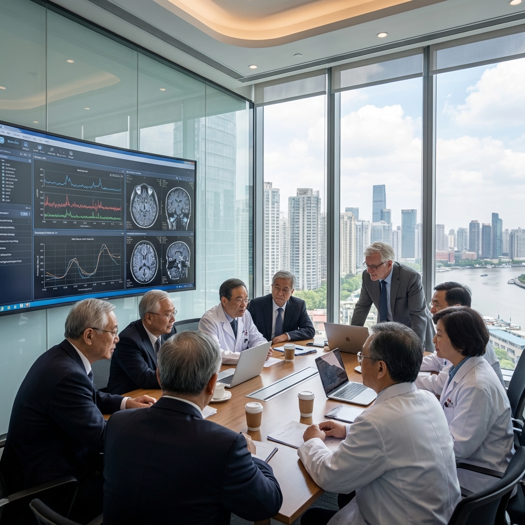 Équipe multidisciplinaire de médecins en salle de conférence high-tech